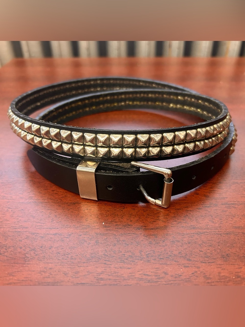2 Row Black Leather Pyramid Studded Belt Heavy Metal Punk USA Emo Grunge L  1”